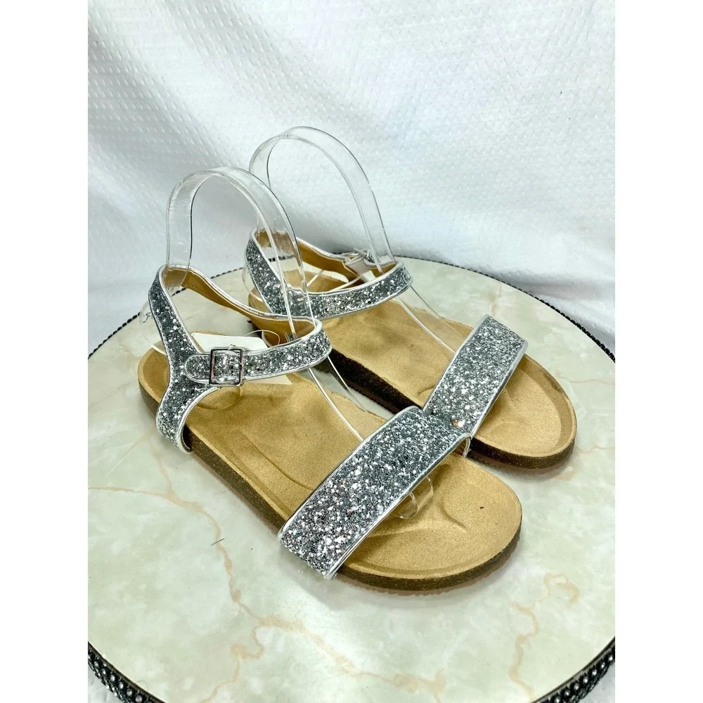Crewcuts Glitter Two Strap Buckle Sandals Kids 5 Silver Sparkle Comfy Shoes NEW